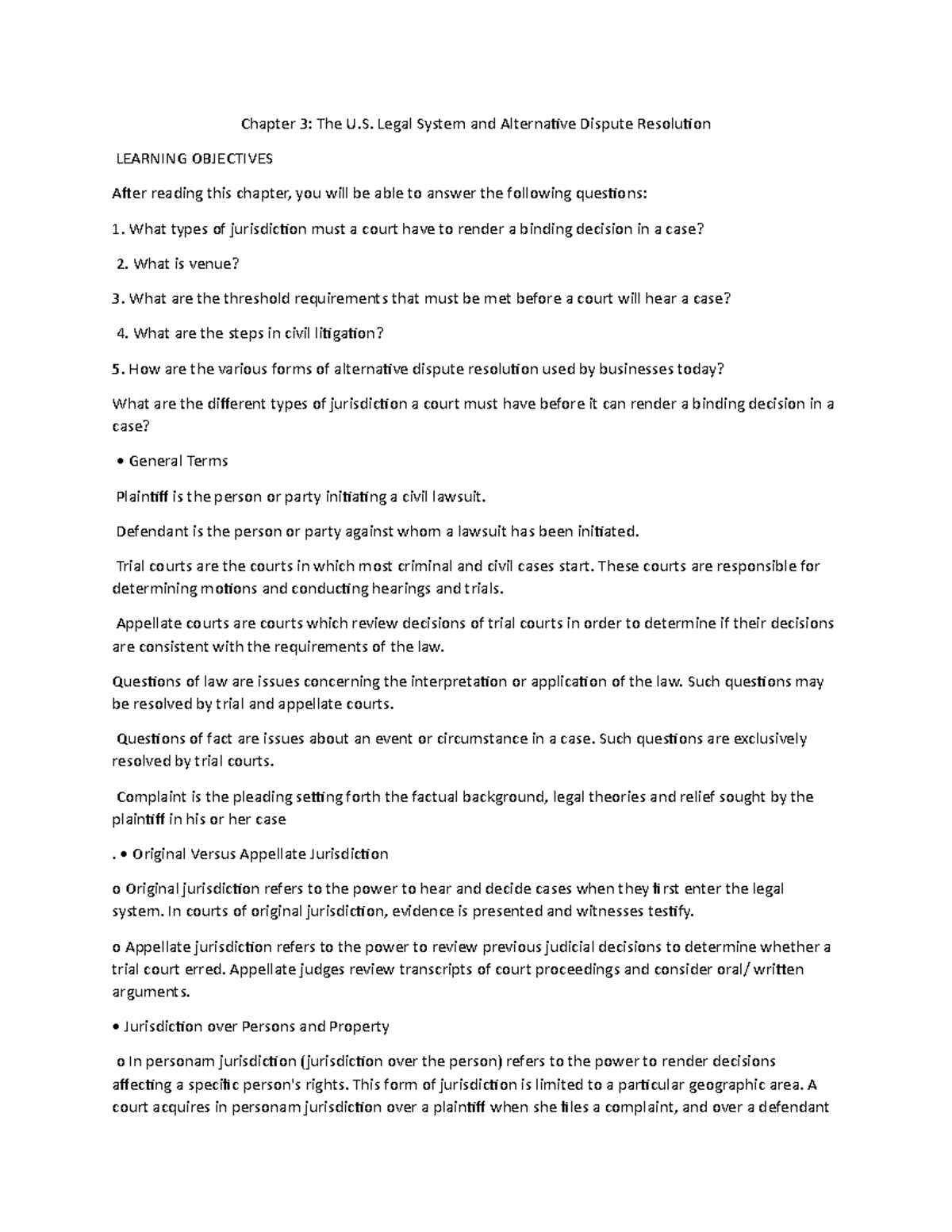 Chapter 3 - 2022 - Chapter 3: The U. Legal System and Alternative ...