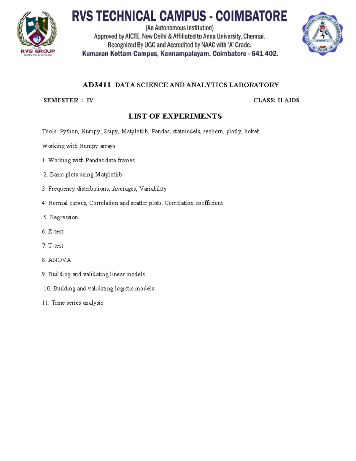 AD3411 - Data Science and Analytics Lab Manual: Experiments and Outputs ...