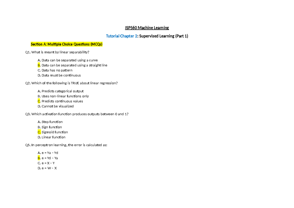 ISP560 Tutorial Chapter 2: Supervised Learning MCQs & Calculations ...