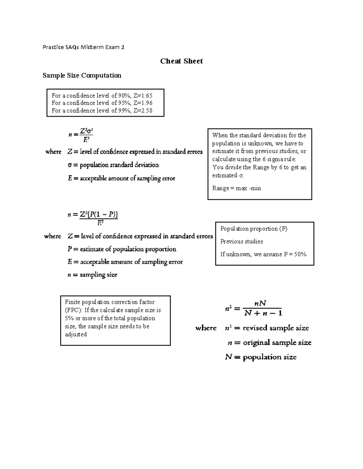 Practice SAQs Midterm Exam 2: Sample Size & Hypothesis Testing Guide ...