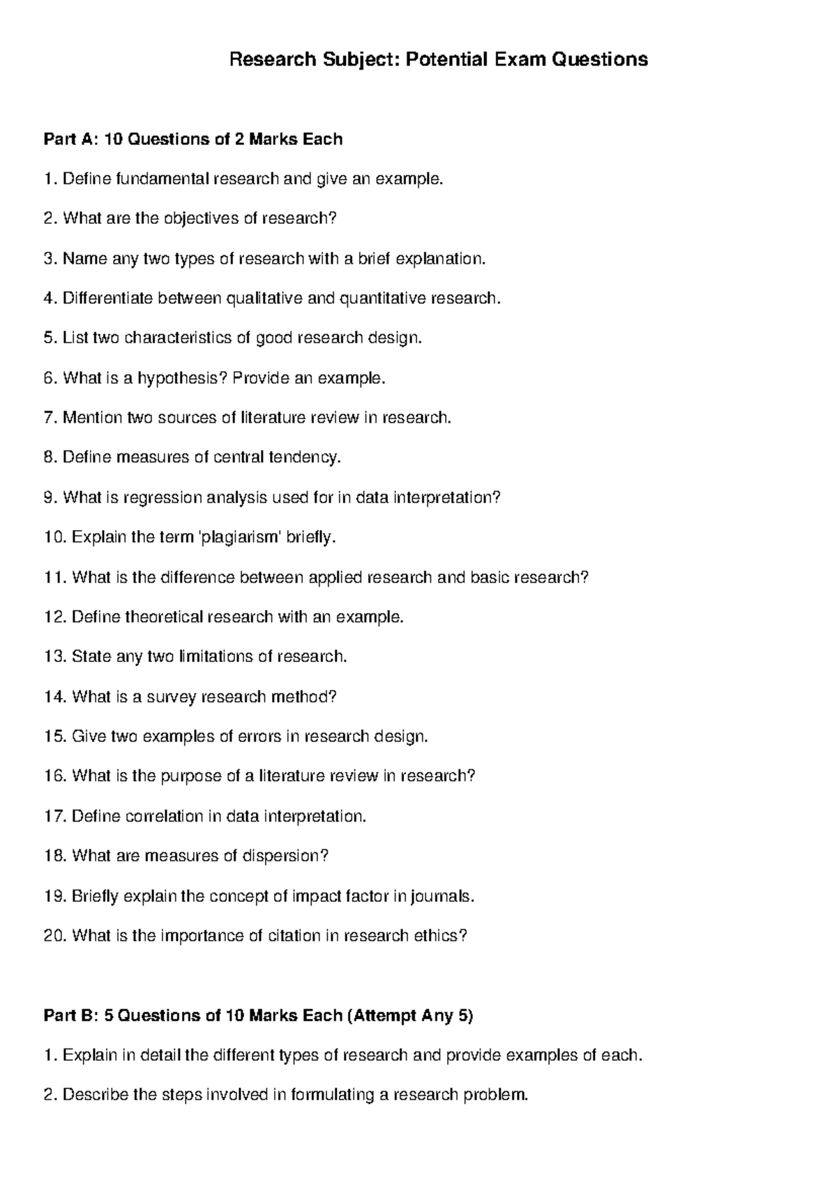 Research Exam Questions - Research Subject: Potential Exam Questions ...