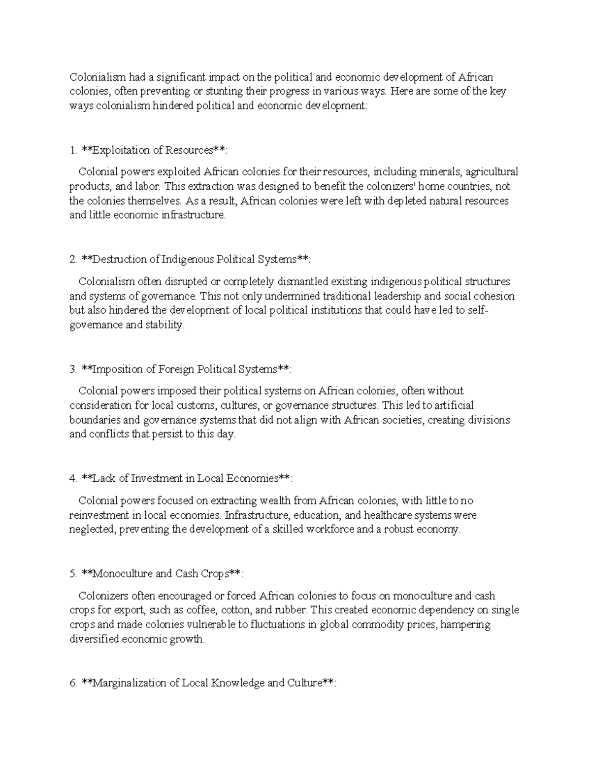 Impact of Colonialism on African Political & Economic Development - Studocu