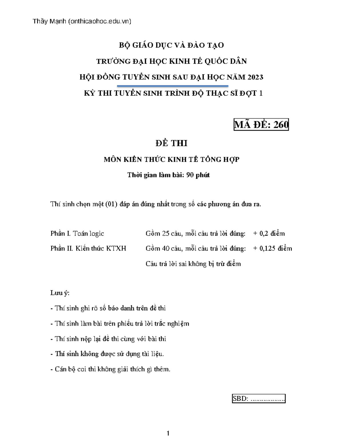 Đề Thi Kiến Thức Kinh Tế Tổng Hợp Mã 260 NEU 2023 - Document Preview