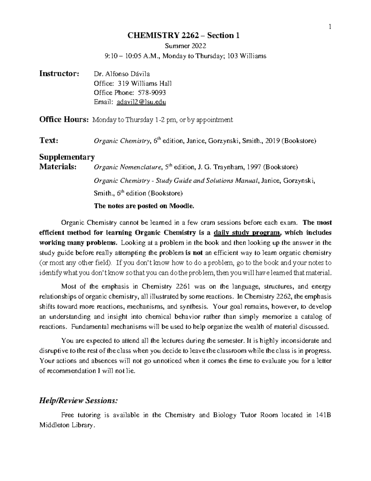 Syllabus for CHEM 2262: Organic Chemistry Section 1 - Summer 2022 - Studocu