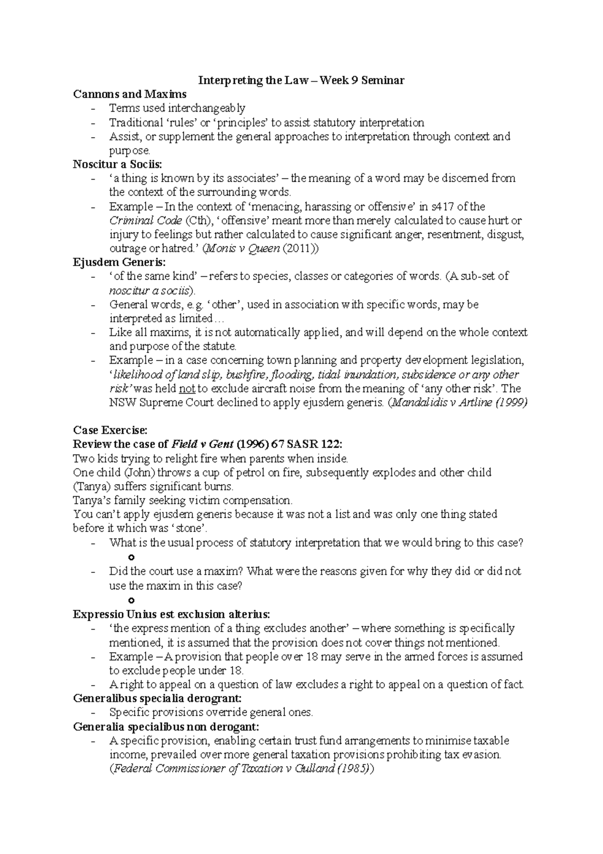 Week 9 Seminar Notes: Statutory Interpretation Principles & Cases - Studocu