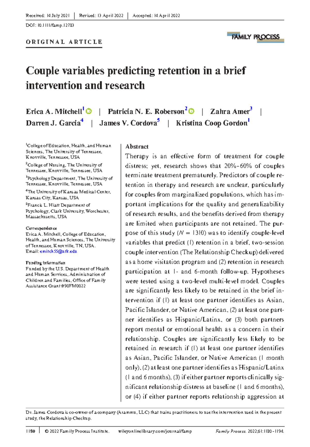 Couple Variables Predicting Retention in Brief Intervention - RCH 2022 ...