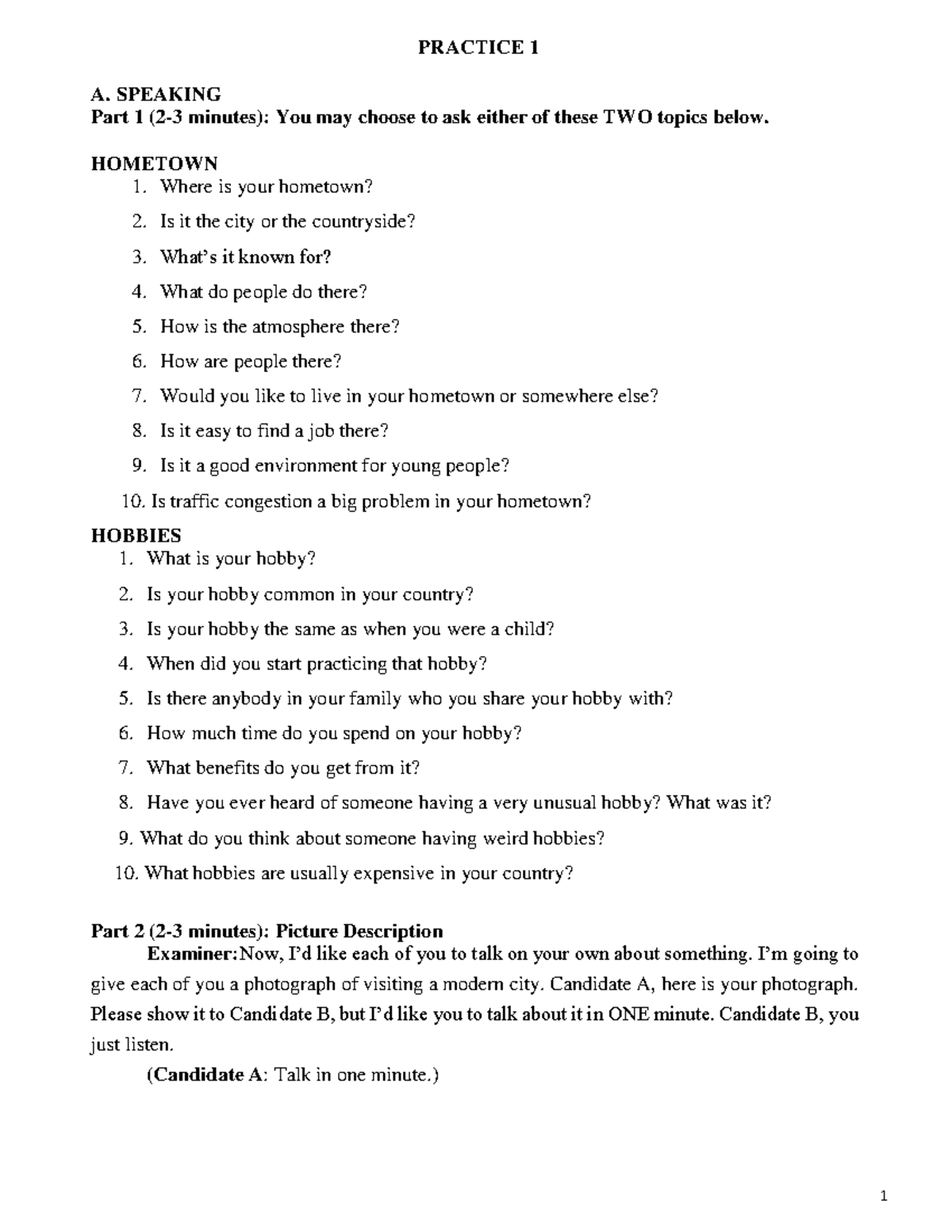 B1 Speaking and Reading Test 1 - Supplementary Material - Studocu