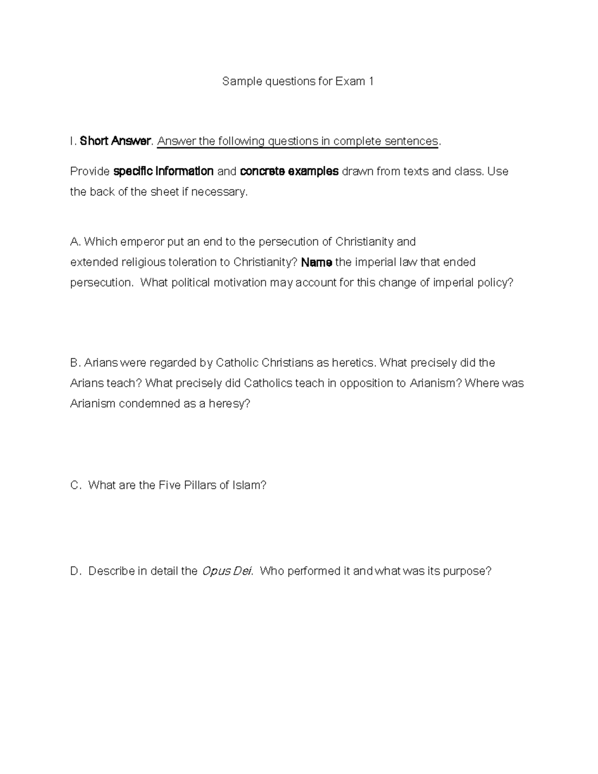 Sample Questions for Exam 1 - History - Studocu