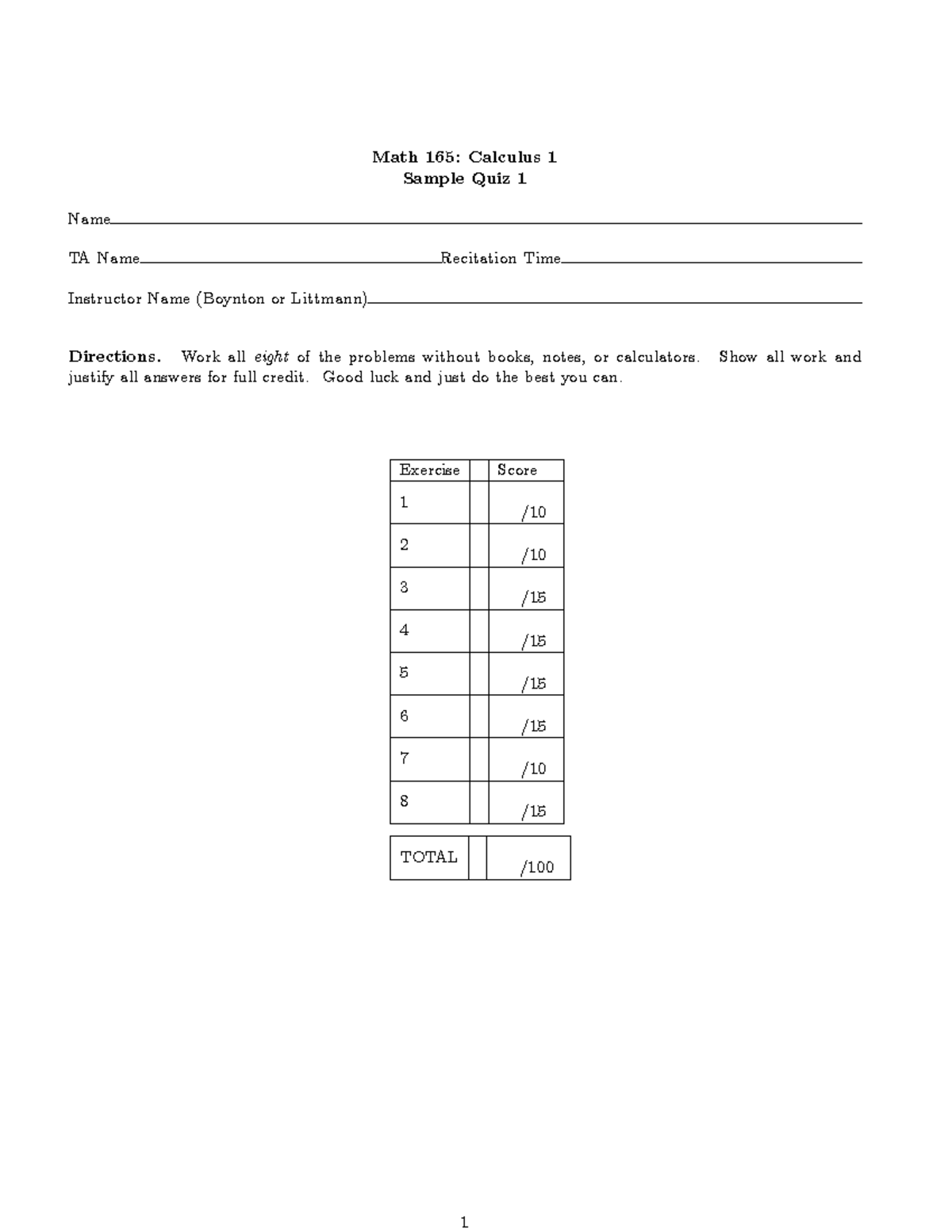 Math 165: Calculus 1 - Sample Quiz 1 on Limits and Evaluations - Studocu