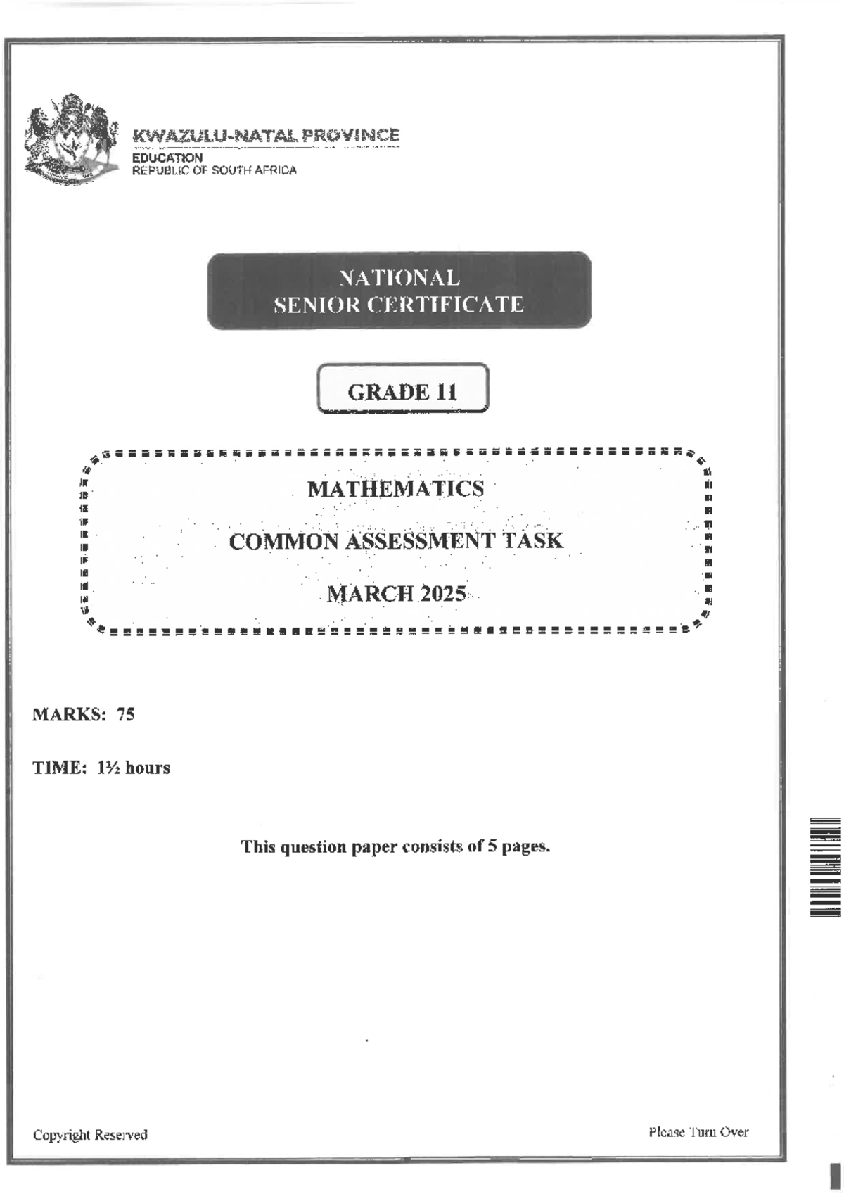 2025 KZN Grade 11 Maths Common Assessment Task - March Test - Studocu