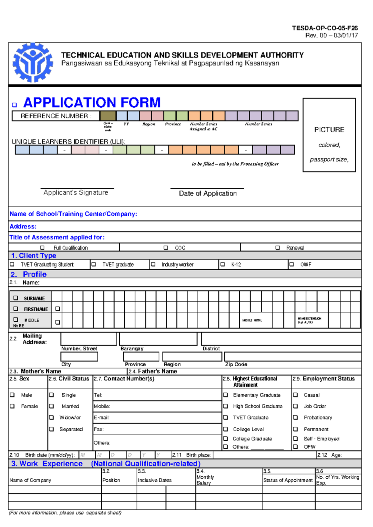 NC Assessment Application Form - TESDA-OP-CO-05-F - Studocu