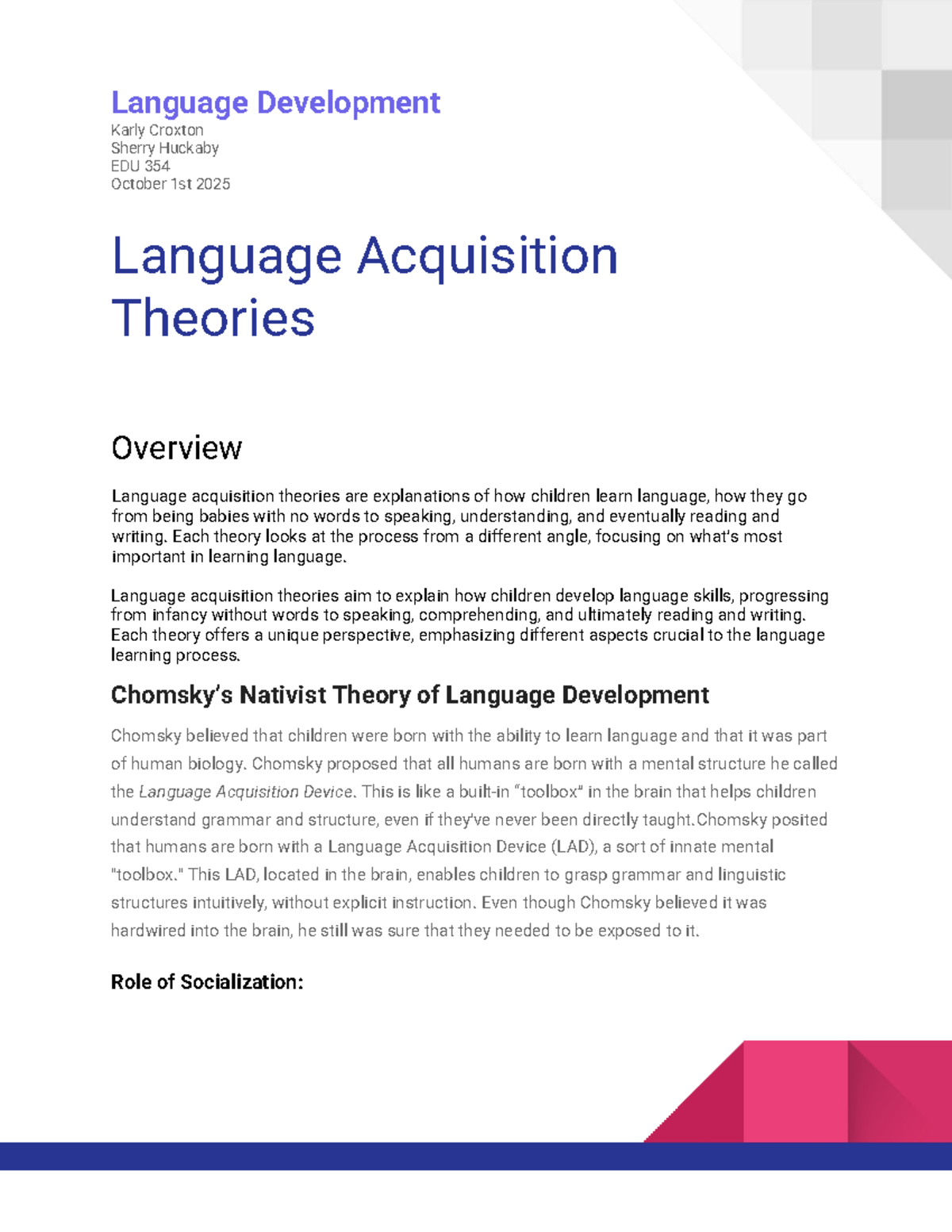 EDU 354 Language Acquisition Theories Overview and Activities - Studocu