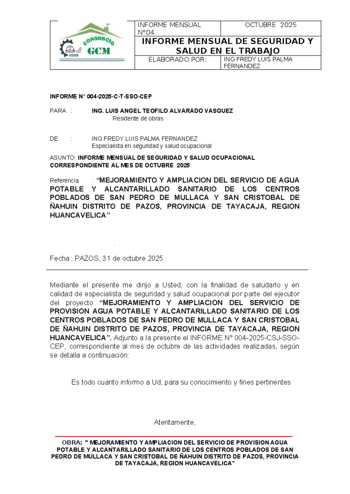 Informe Mensual de Seguridad y Salud Ocupacional - Octubre 2025 - Studocu