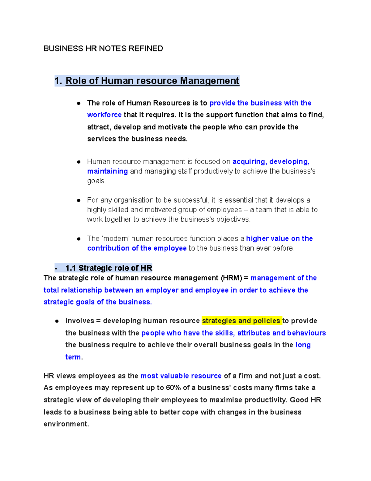HRM 101: Comprehensive Business Human Resource Management Notes - Studocu