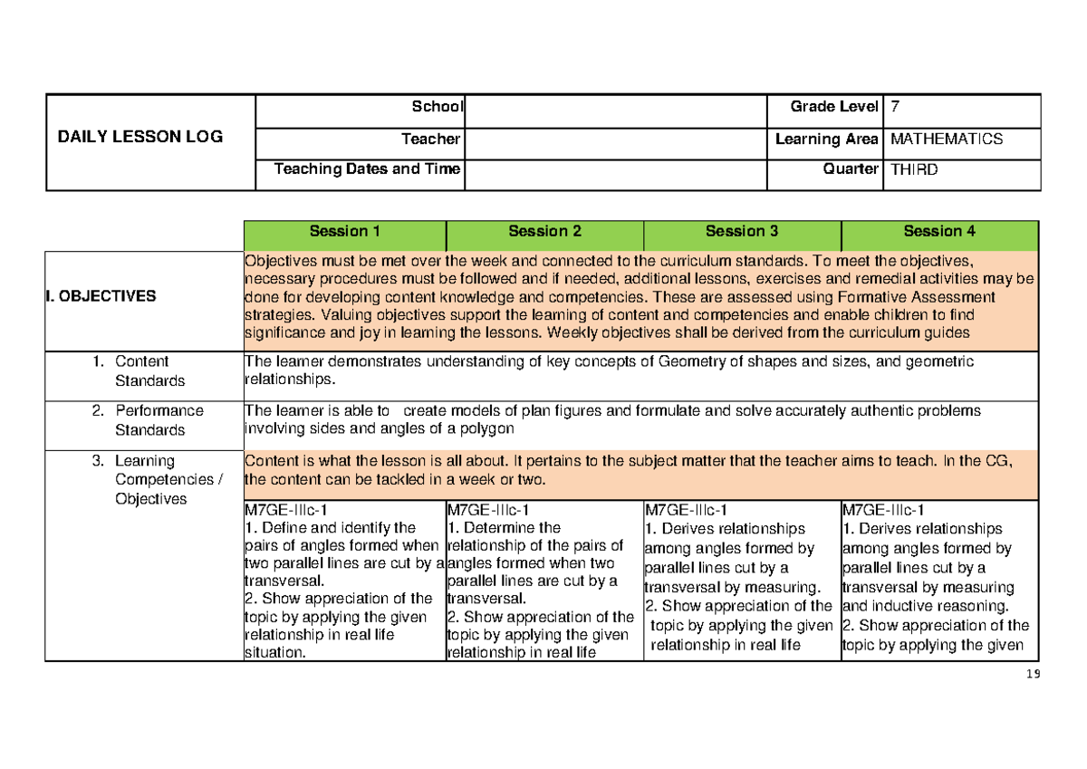 Daily Lesson Log: Grade 7 Mathematics, Q3 Week 19-27 - Studocu