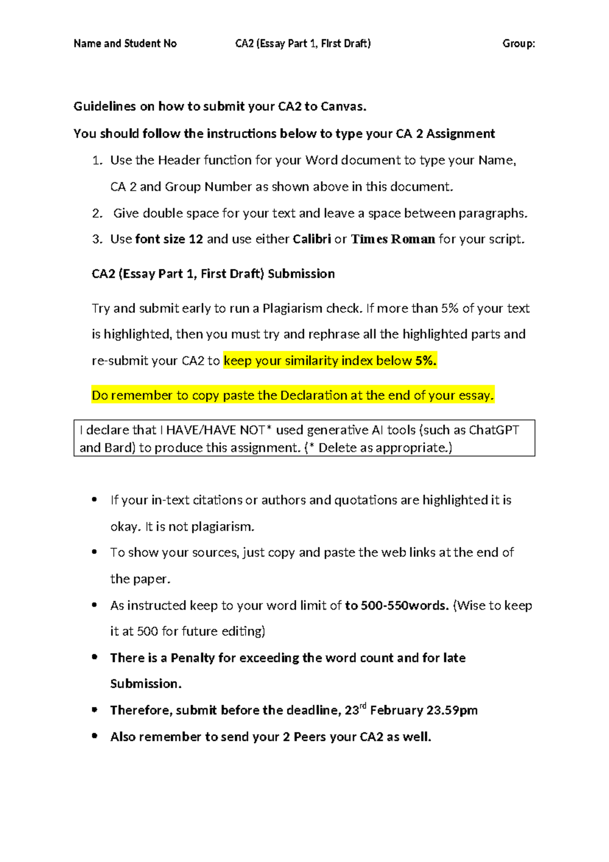 CA2 Submission Guidelines for Essay Part 1 - Draft Instructions - Studocu