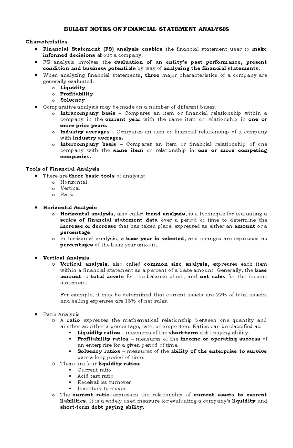 MS Bullet Notes 10 - Key Concepts in Financial Statement Analysis - Studocu