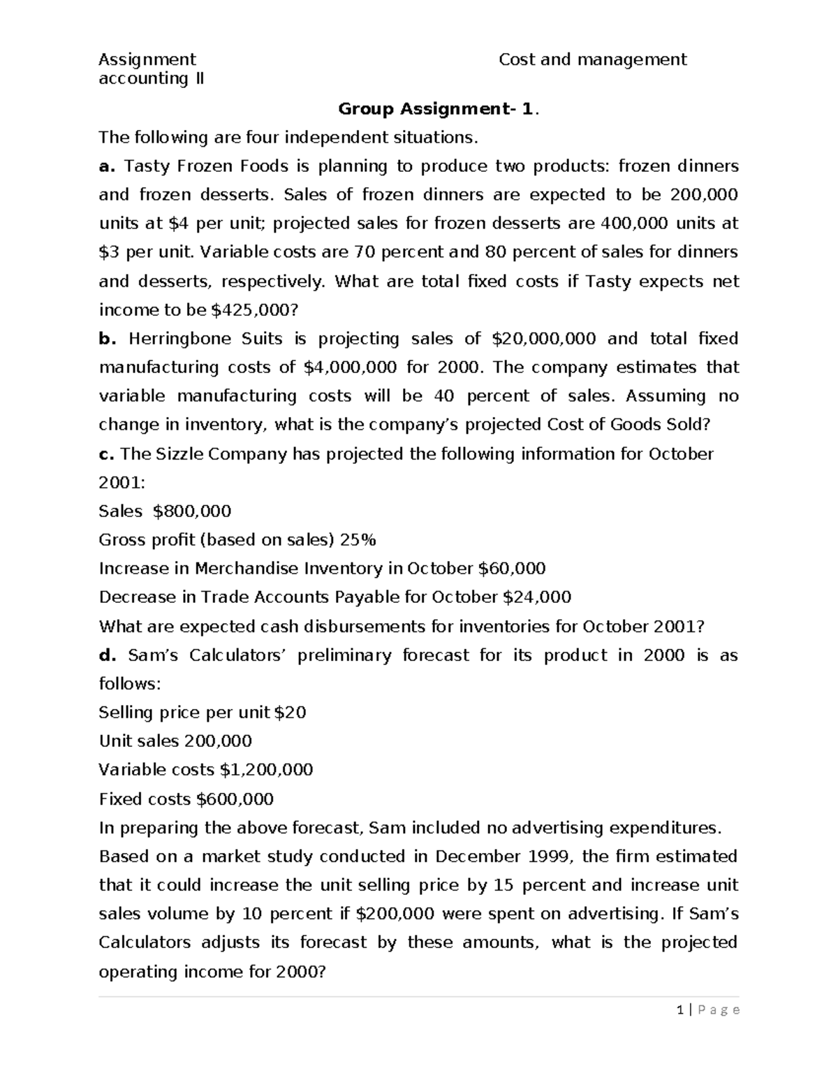 CMA II Group Assignment: Cost & Management Analysis for 2021 - Studocu