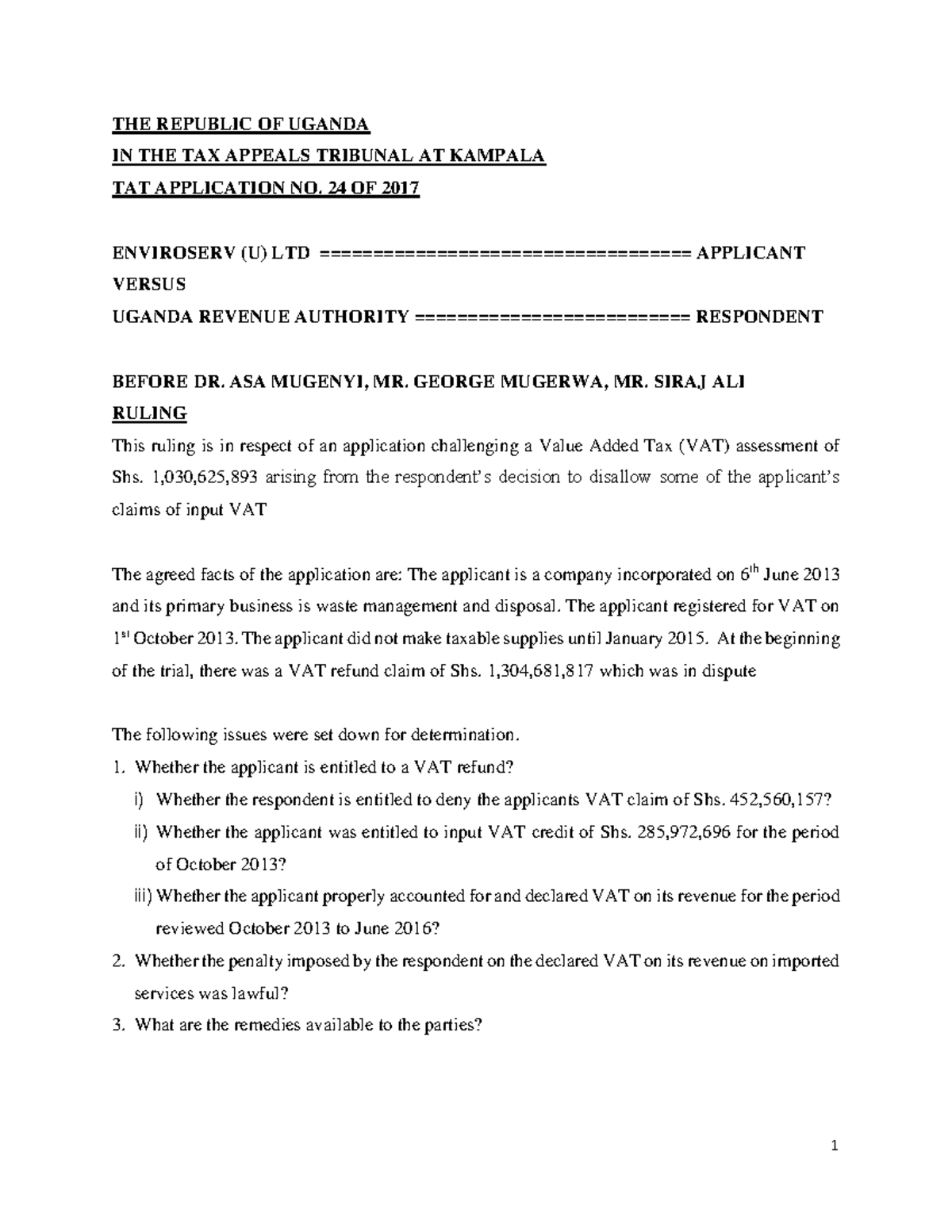 Enviroserv (U) Ltd v URA: TAT Application No. 24/2017 on VAT Liability ...