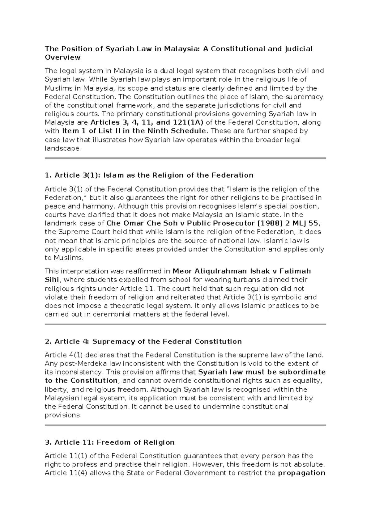 The Role of Syariah Law in Malaysia: A Constitutional Overview - Studocu