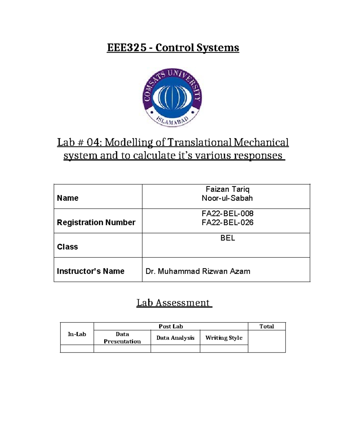 Control Systems Lab 04: Modeling & Response Analysis of Mechanical ...