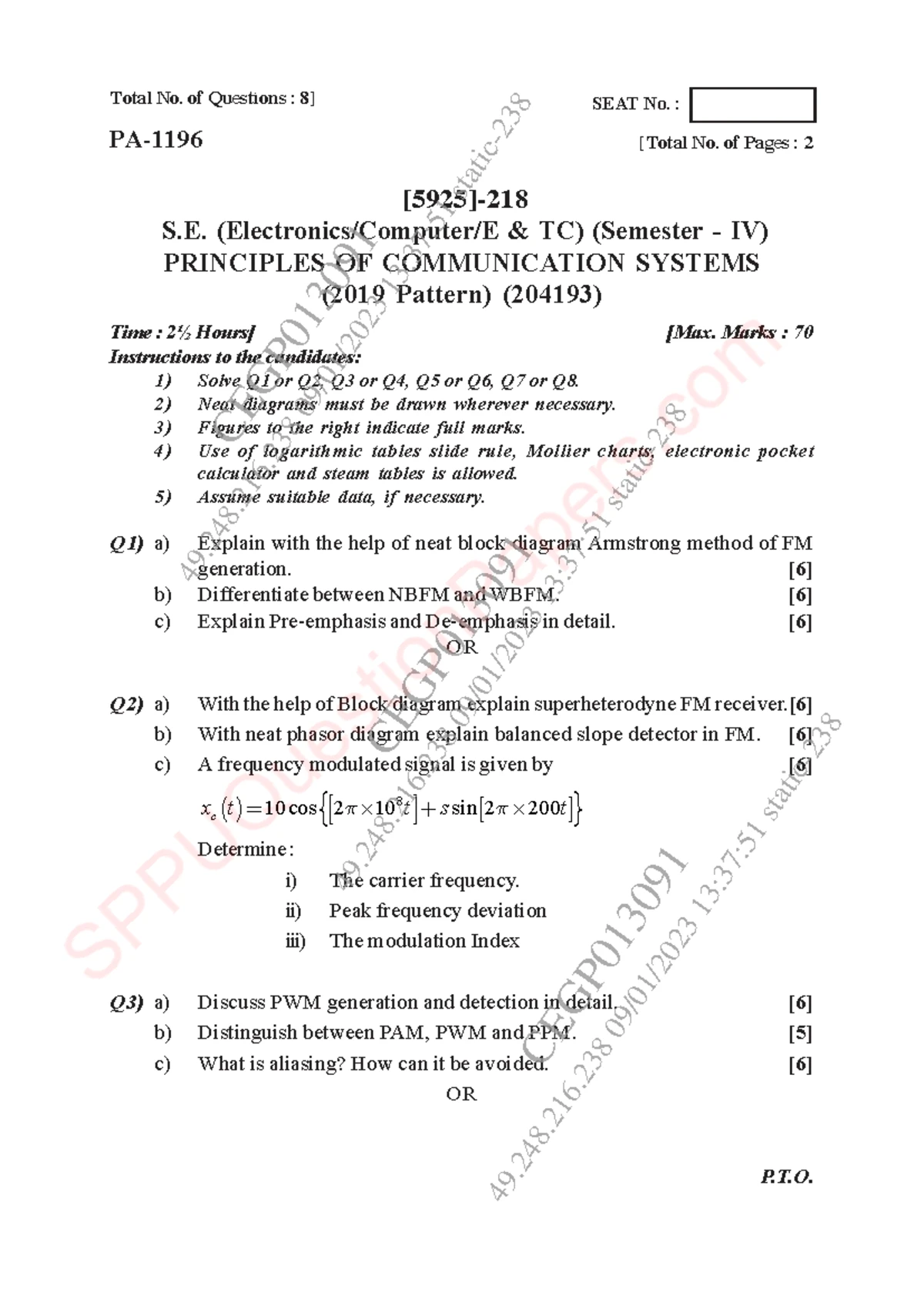 SEAT No. 23: PB3618 Principles of Communication Systems PYQs (2019 ...