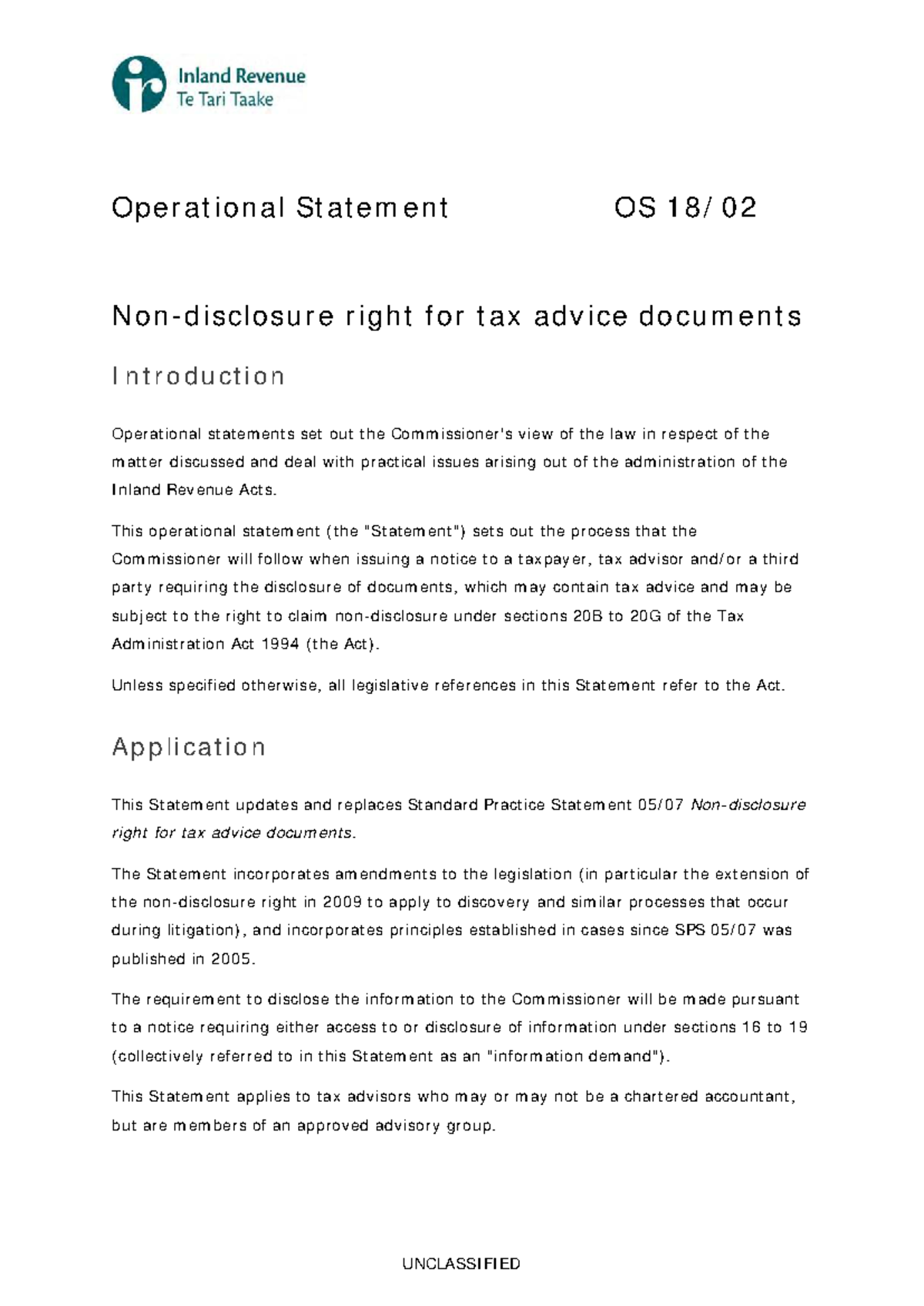 Operational Statement OS-1802: Tax Advice Document Disclosure ...