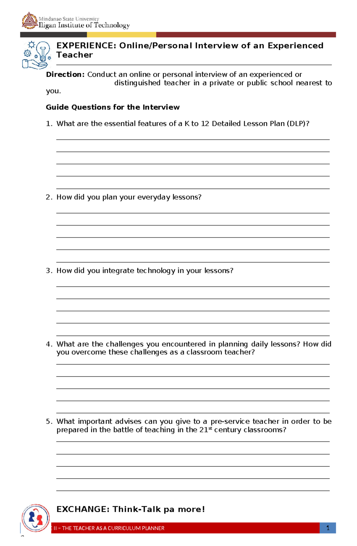 Module 2 SELF- Directed Learning Activity - MODULE II – THE TEACHER AS ...