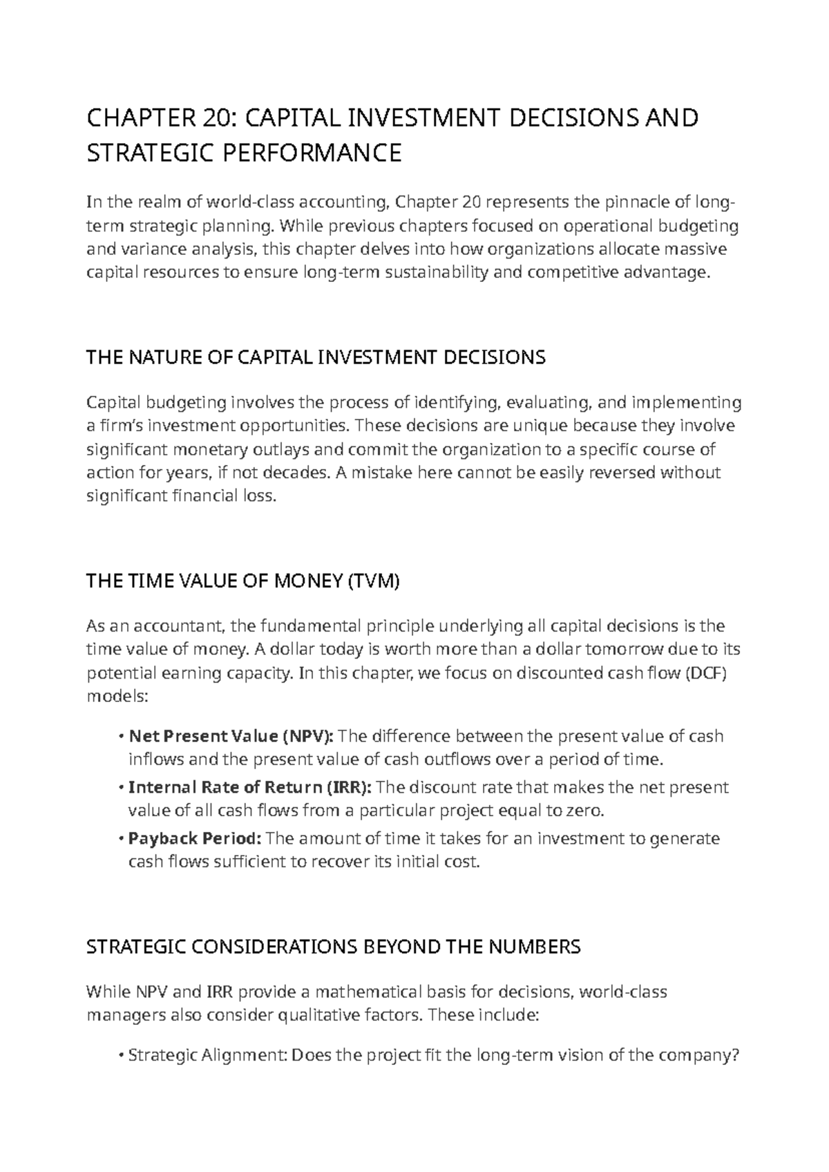 CHAPTER 20: CAPITAL INVESTMENT DECISIONS & STRATEGIC PERFORMANCE - Studocu