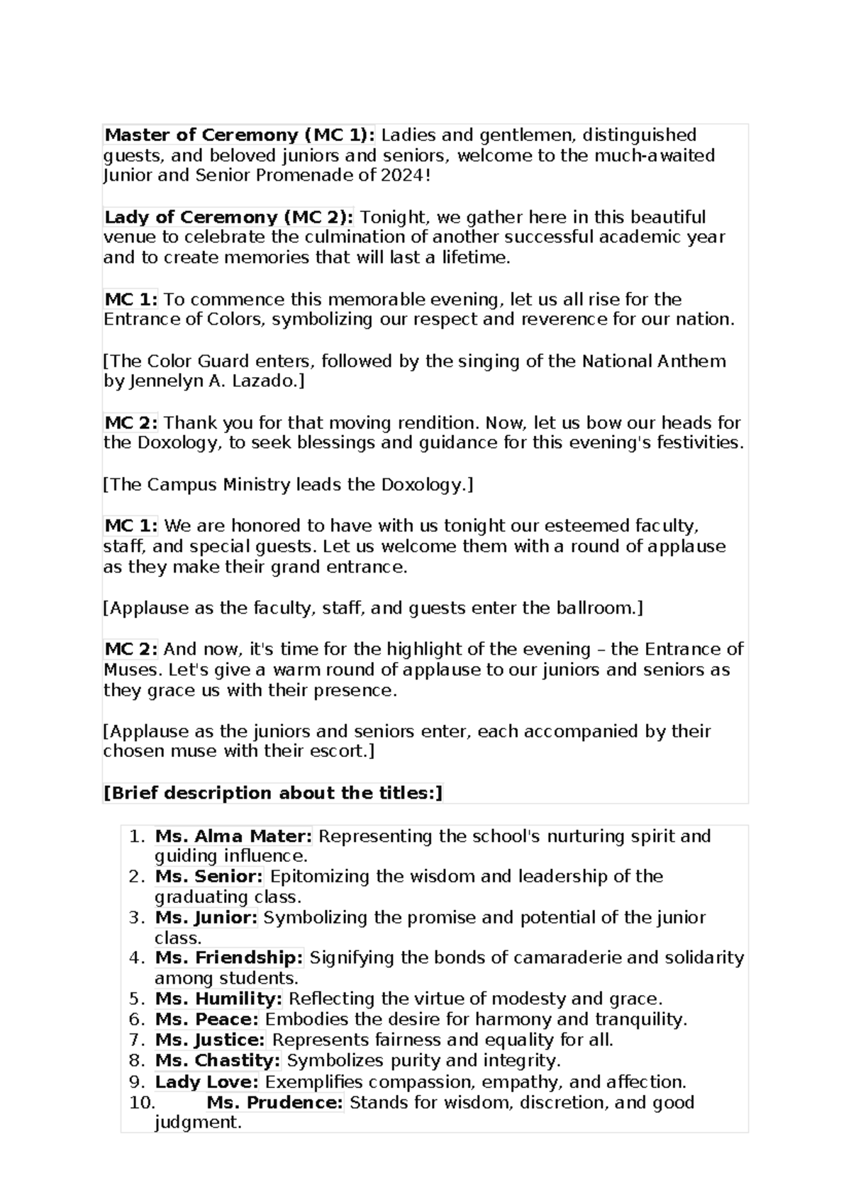 Junior and Senior Promenade MC 1 Script for 2024 Event - Studocu