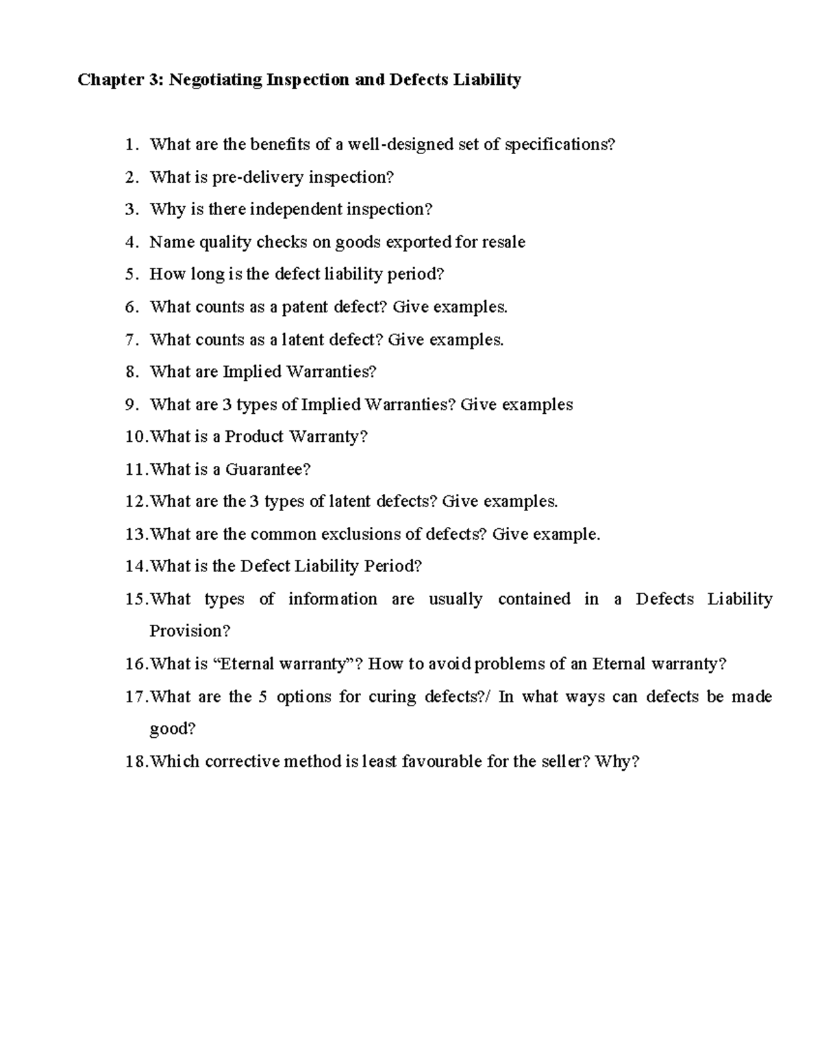Chapter 3 - Questions on Negotiation & Defects Liability - Studocu