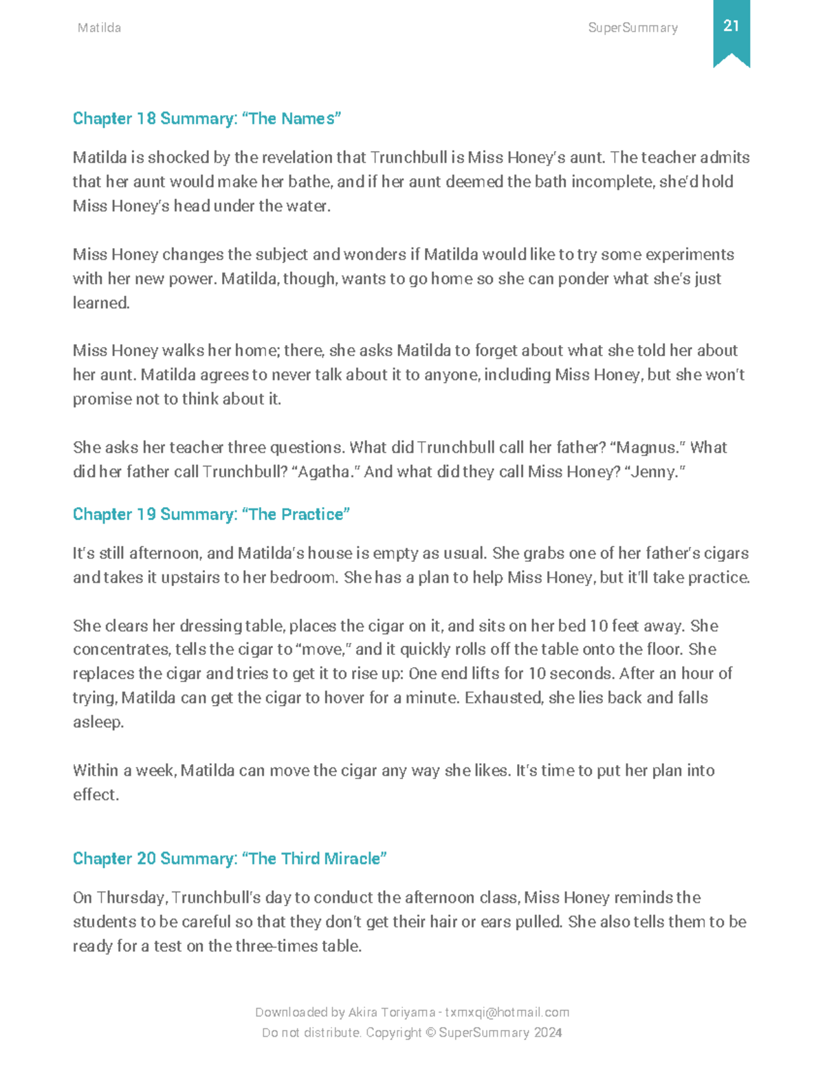Matilda - Super Summary Study Guide 22 - Chapter 18 Summary: “The Names ...