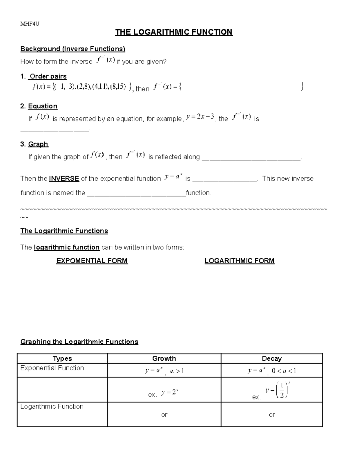 1 Logarithmic Functions Handout - THE LOGARITHMIC FUNCTION Background ...