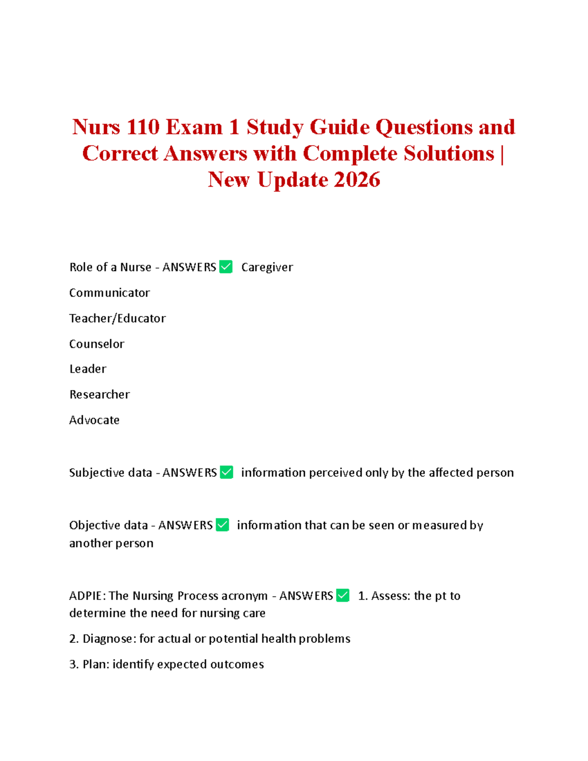 Nurs 110 Exam 1 Study Guide: Key Questions & Answers 2026 - Studocu