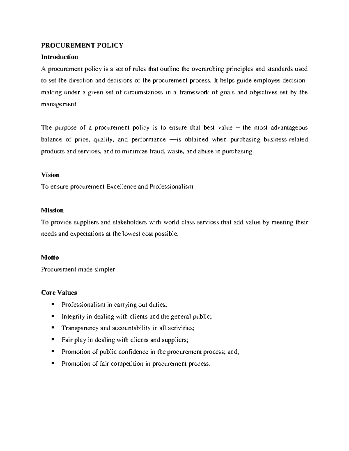 Procurement Policy Overview: Purpose, Strategies, and Values - Studocu