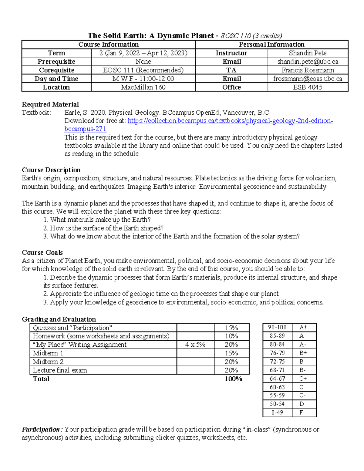 EOSC-110-Syllabus-Jan-2023 v3 - The Solid Earth: A Dynamic Planet ...