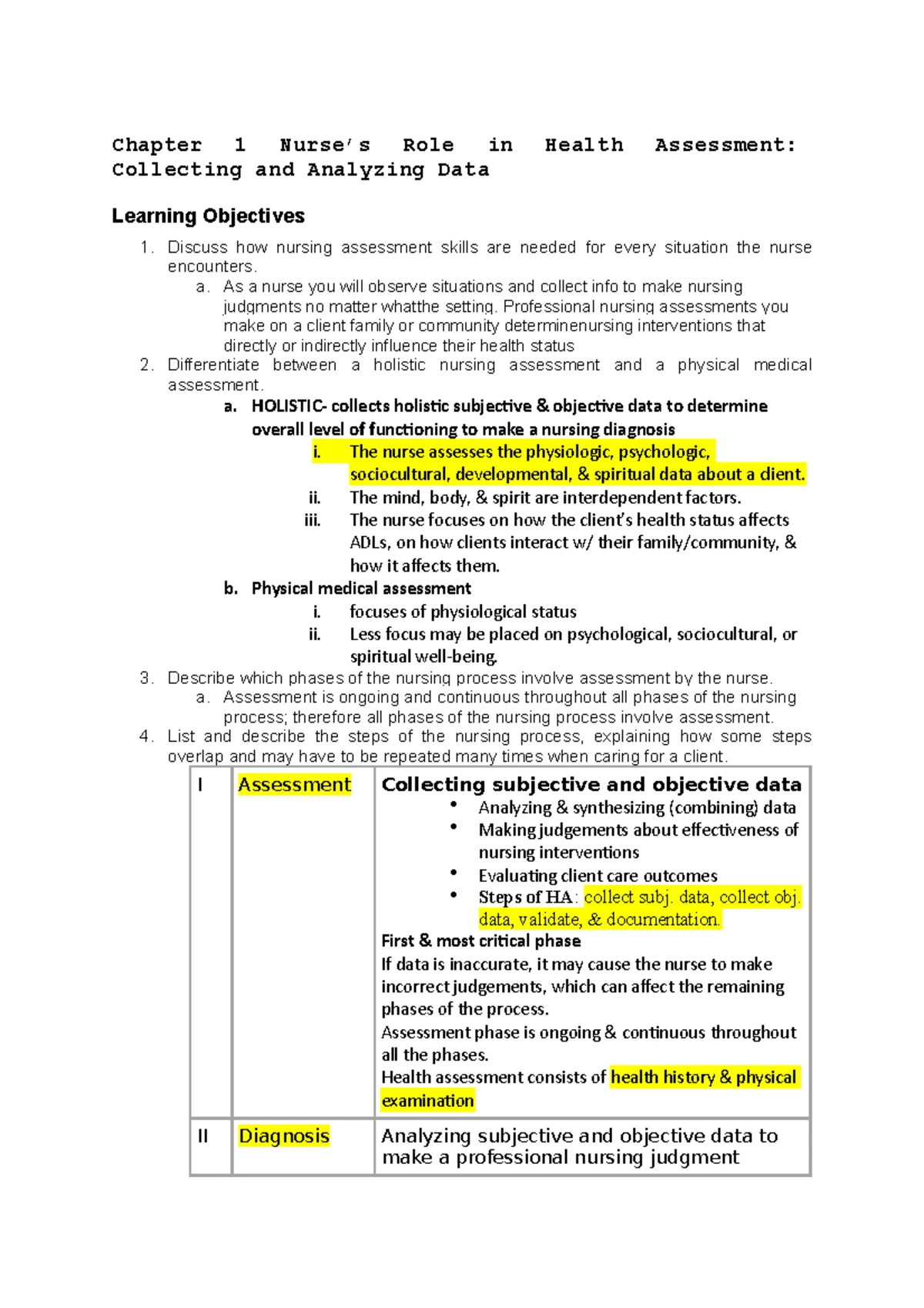 Chapter 1 Nurse’s Role in Health Assessment Collecting and Analyzing ...