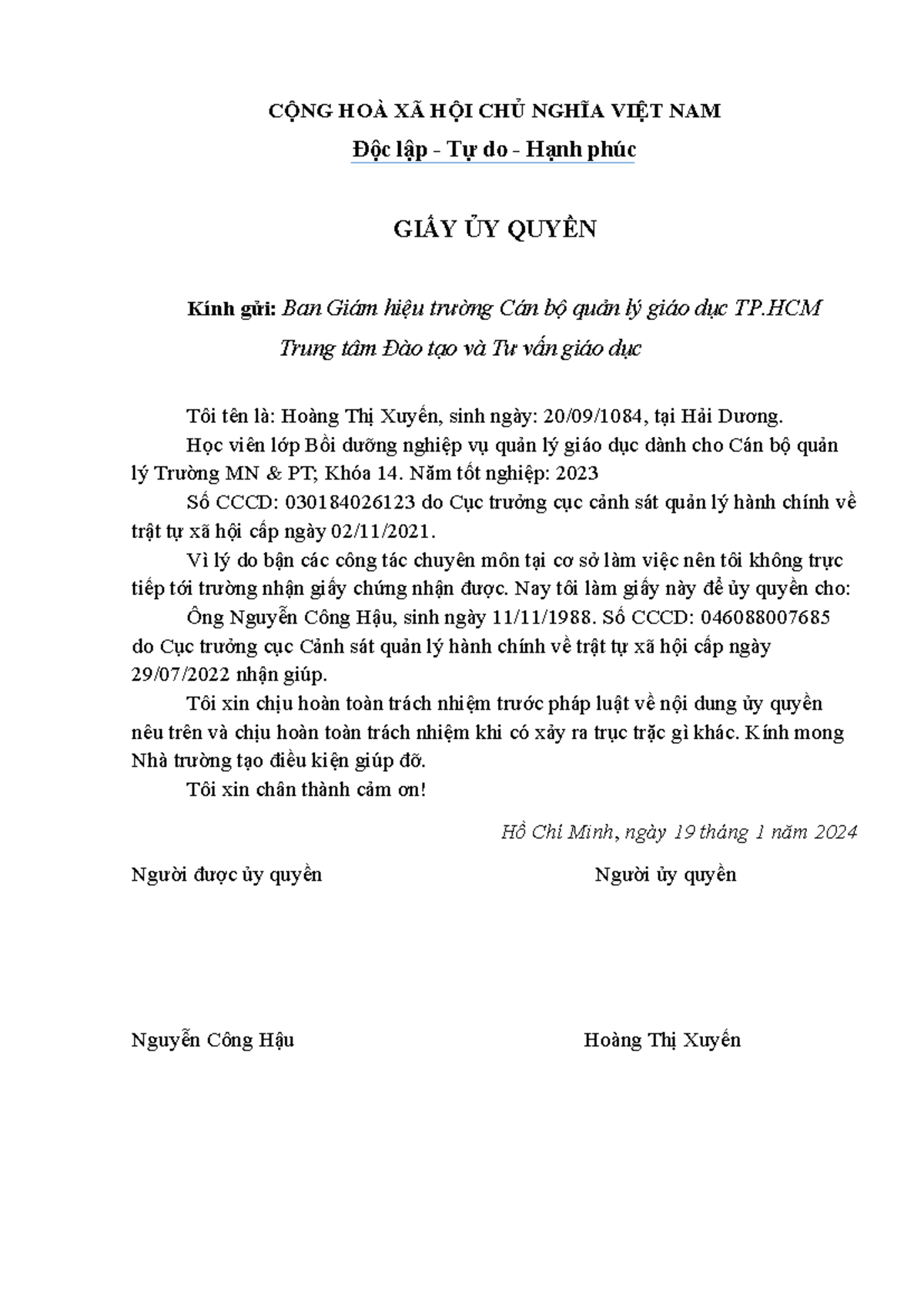 GIAY UY Quyen - chhjj - CỘNG HOÀ XÃ HỘI CHỦ NGHĨA VIỆT NAM Độc lập - Tự ...
