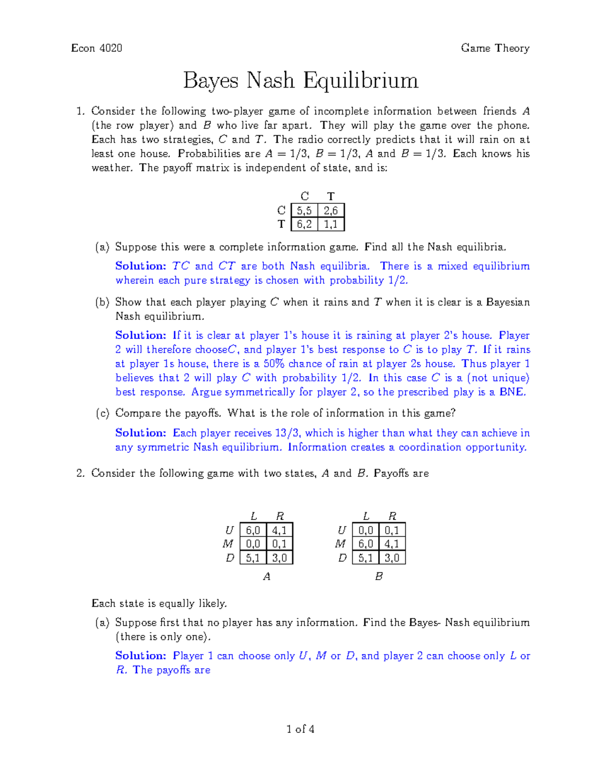 BNE-4020 Game Theory: Bayesian Nash Equilibrium Practice Questions ...