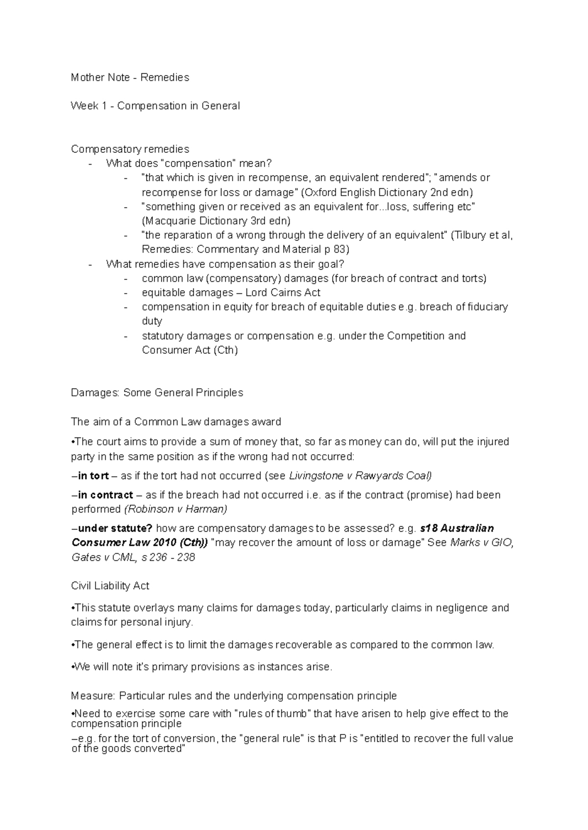 Mother Note - Remedies: Week 1 & 2 Compensatory Principles and Case ...