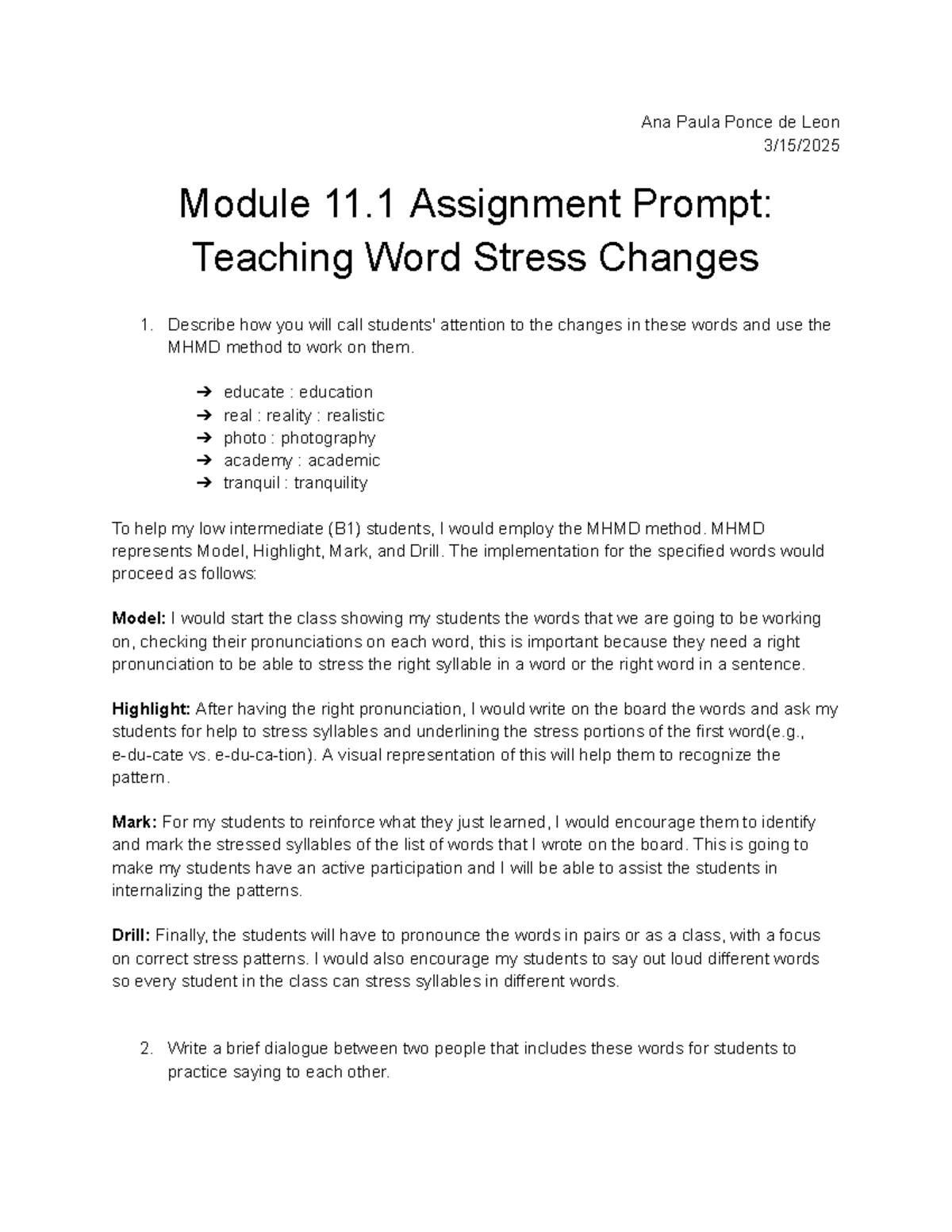 Module 11 - Assignment 1: Teaching Word Stress with MHMD Method - Studocu
