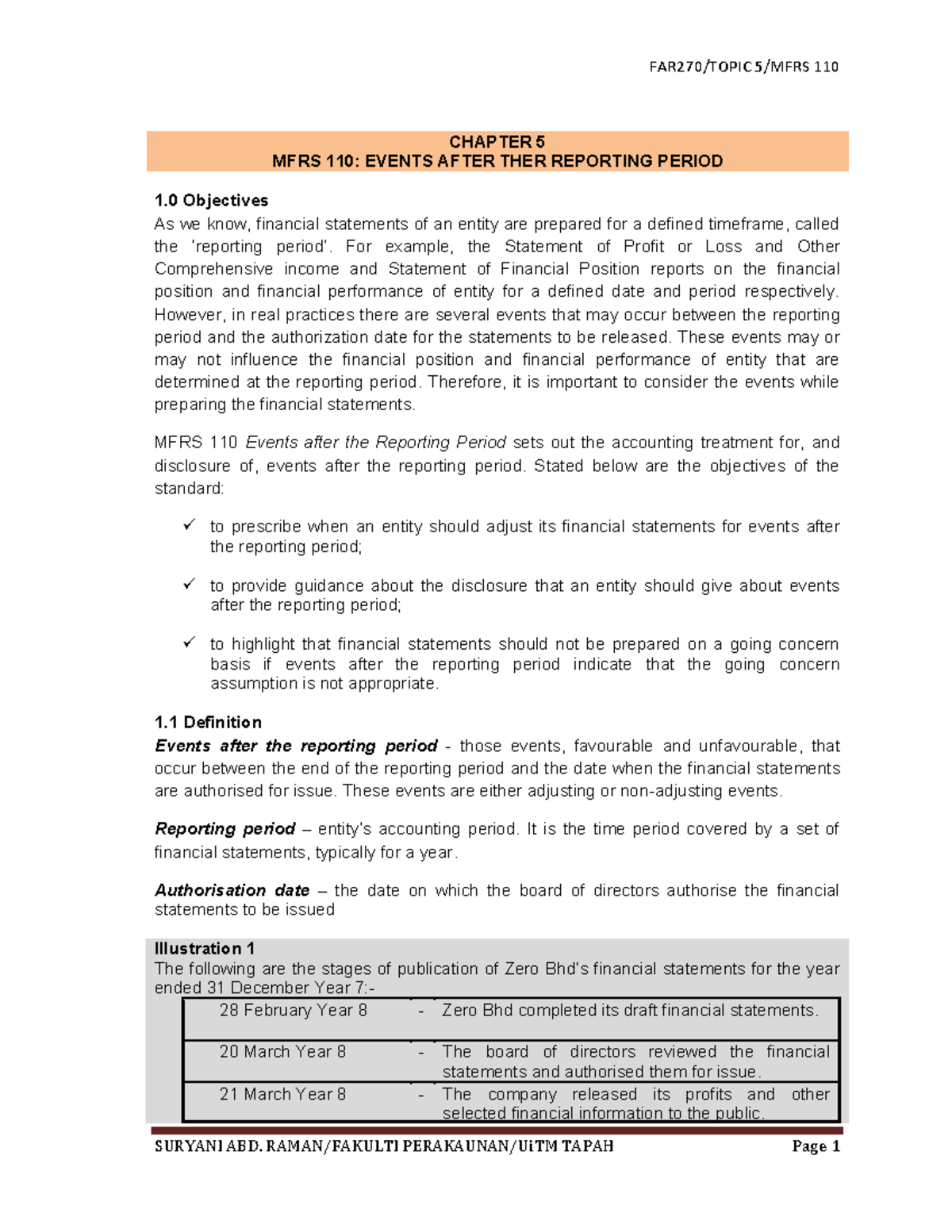 110 MFRS 110: Events After the Reporting Period - Chapter 5 Notes - Studocu