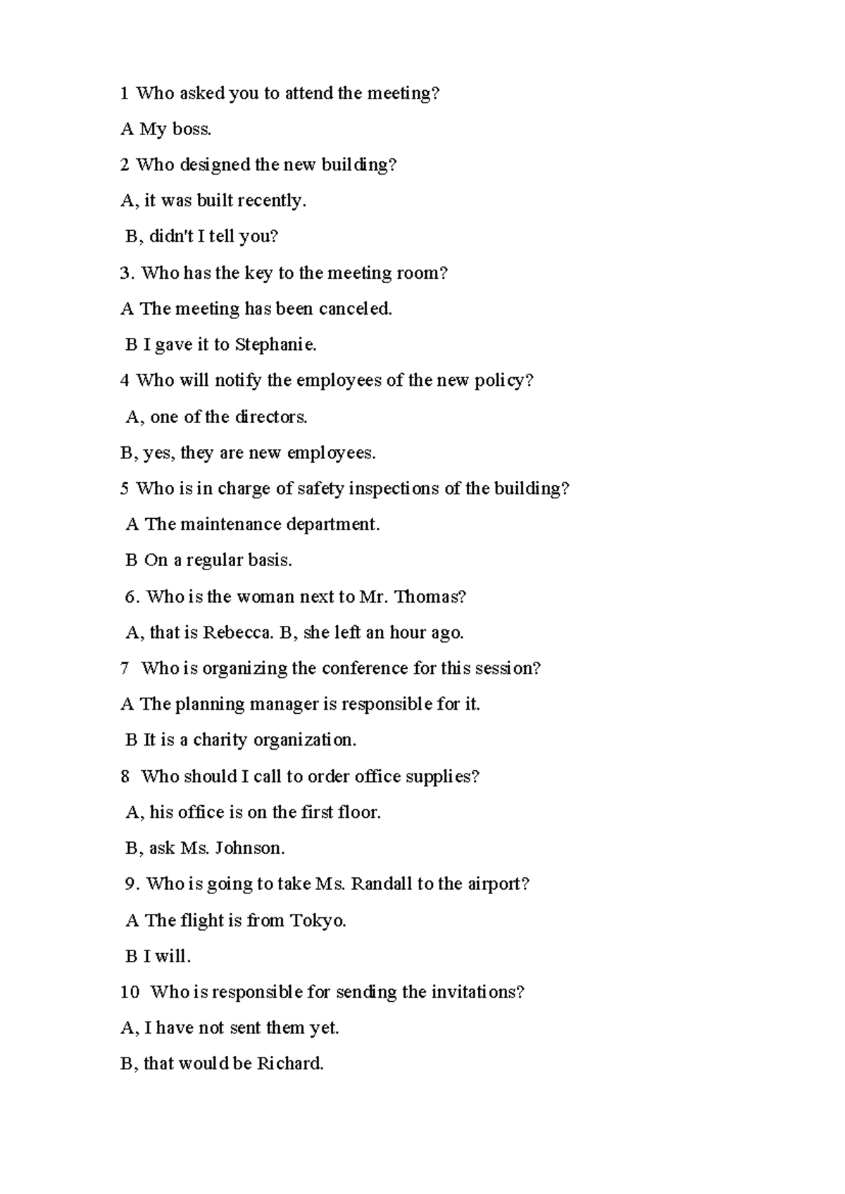 Meeting Questions and Answers: A Guide to Office Interactions - Studocu