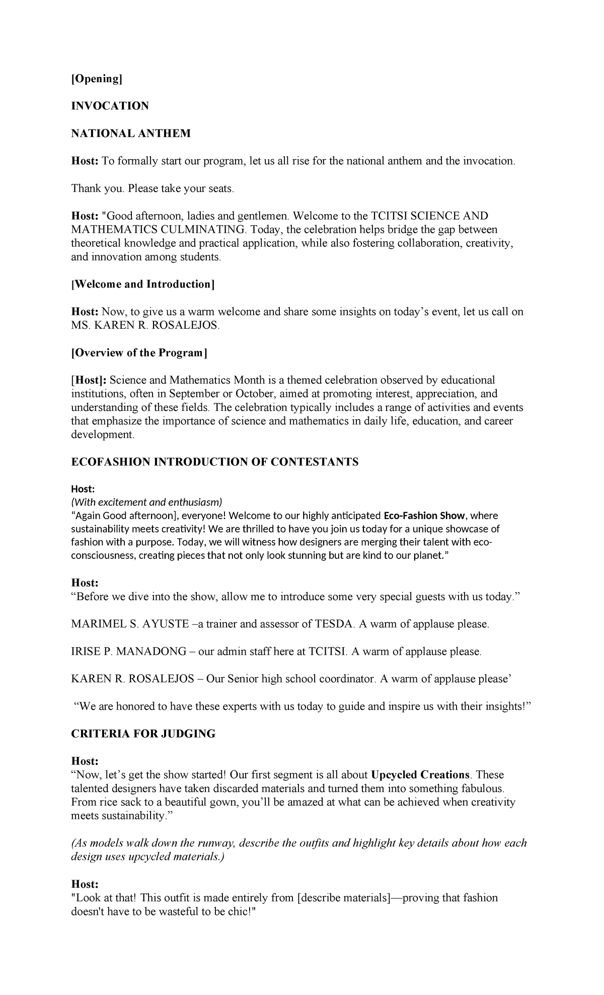 TCITSI SCIENCE & MATH Eco-Fashion Show Script - Studocu