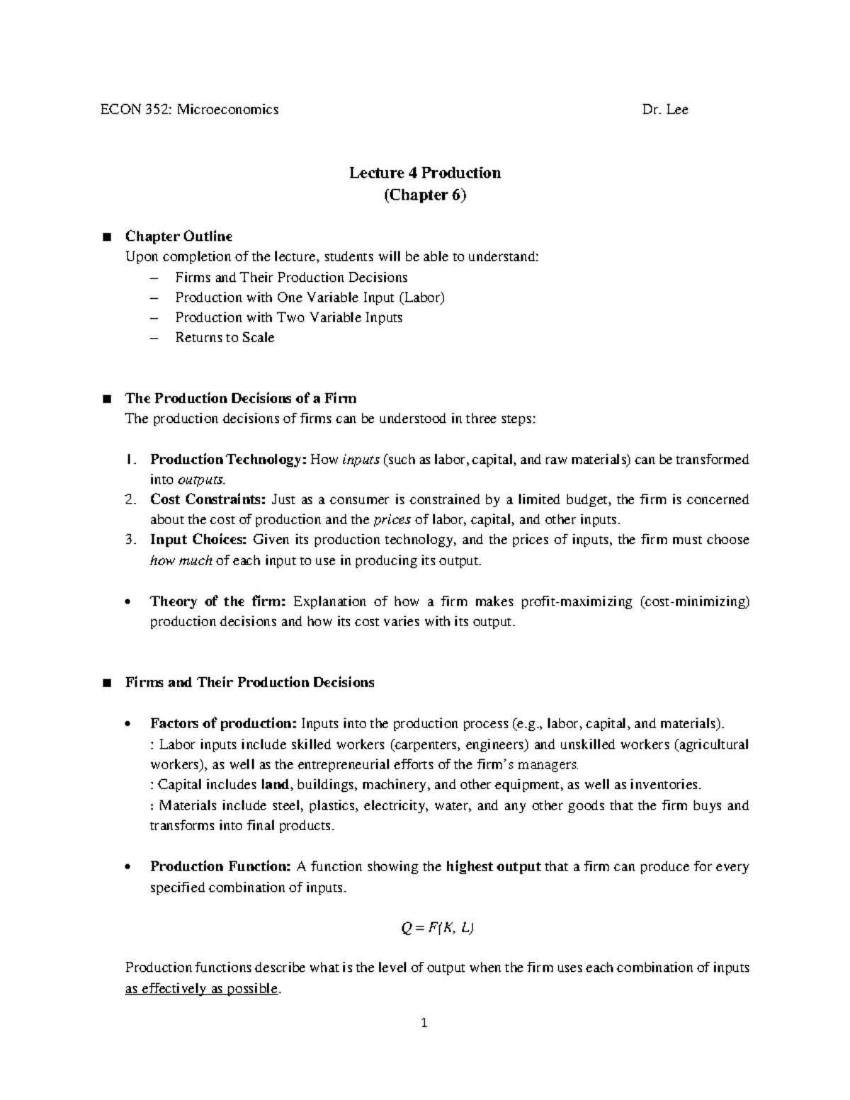 ECON 352 Lecture 4 - Production in Chapter 6: Key Concepts Explained ...