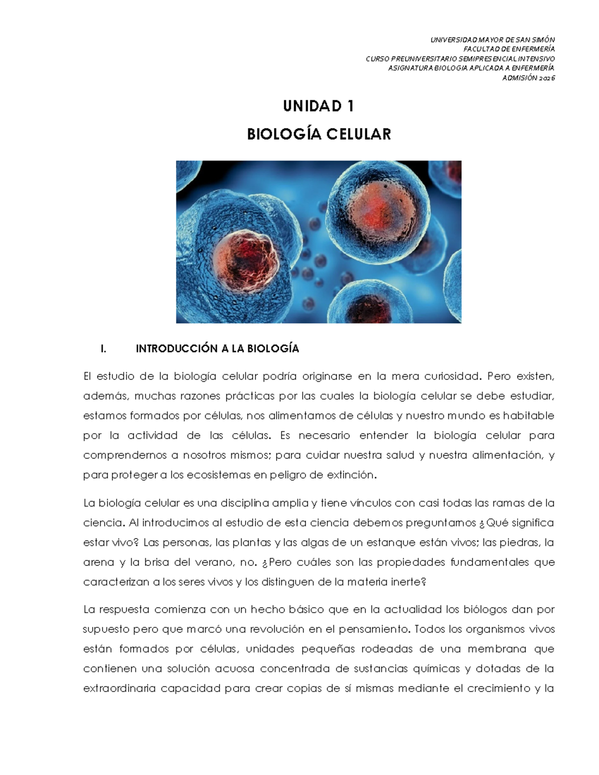 Biología Aplicada a Enfermería (BIO 2026): Unidad 1 - Biología Celular - Document Preview