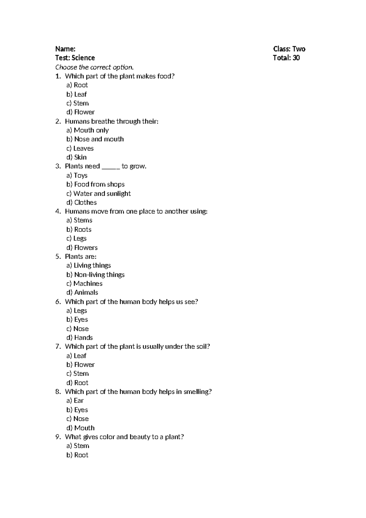 Science Test: Grade 2 - Multiple Choice Questions and Answers - Studocu
