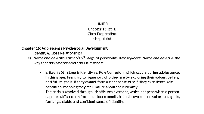 Chapter 16: Adolescence Psychosocial Development Class Prep (10 pts ...