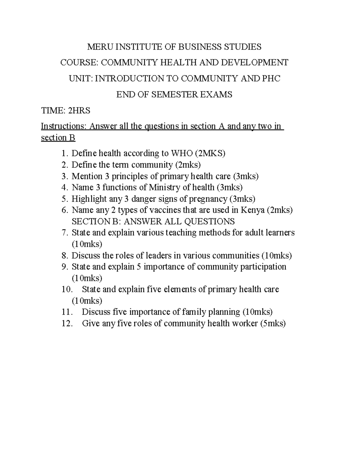 COMMUNITY HEALTH AND DEVELOPMENT: END OF SEMESTER EXAM (CHD 101) - Studocu