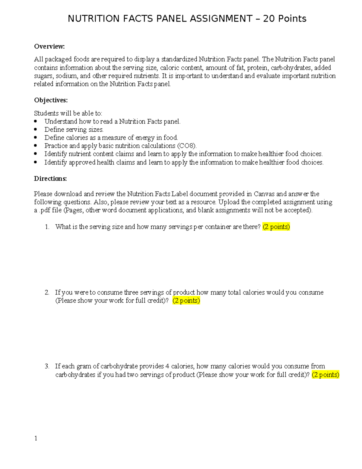 NUTR 101: Nutrition Facts Panel Assignment Overview & Questions - Studocu